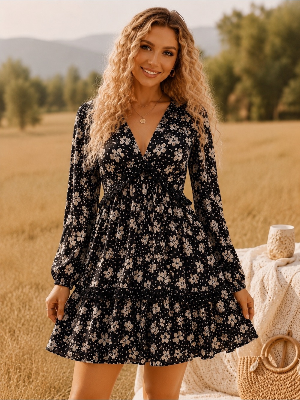 Angie Black Floral Long Sleeve Ruffle Mini Dress Boho Babydoll - Picture 2 of 10